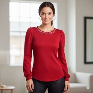Red Top Sweater Beaded Rhinstones Neckline Puff Sleeves Blouse Party Event Chic